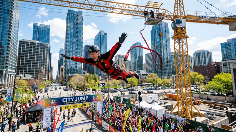 City Jump: a traveling bungee jumping experience with a massive neon crane lighting up the city skyline